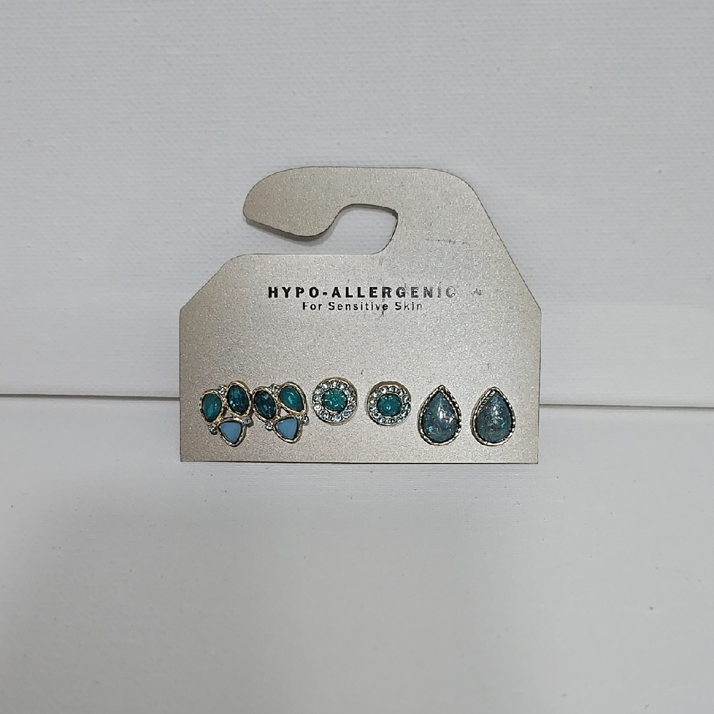 3 Pair Teal Rhinestone Earring Set